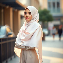 A beautiful girl gracefully wearing a satin hijab that elegantly drapes over her head and shoulders, styled in a soft pastel color, complementing her outfit