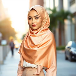 A beautiful girl gracefully wearing a satin hijab that elegantly drapes over her head and shoulders, styled in a soft pastel color, complementing her outfit