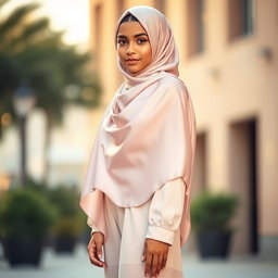 A beautiful girl gracefully wearing a satin hijab that elegantly drapes over her head and shoulders, styled in a soft pastel color, complementing her outfit