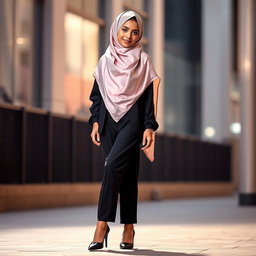A beautiful girl gracefully wearing a satin hijab that elegantly drapes over her head and shoulders, styled in a soft pastel color, complementing her outfit