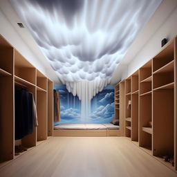 Create a large room with a cloud-painted ceiling. Feature a bed hanging in the middle of one wall, nearby a massive mirror and extensive wardrobe full of compartments. The floor is soft mat, with a wall waterfall facing the bed. One wall is left empty with a gradient of light to dark shades. Include a large study table and wall shelves.