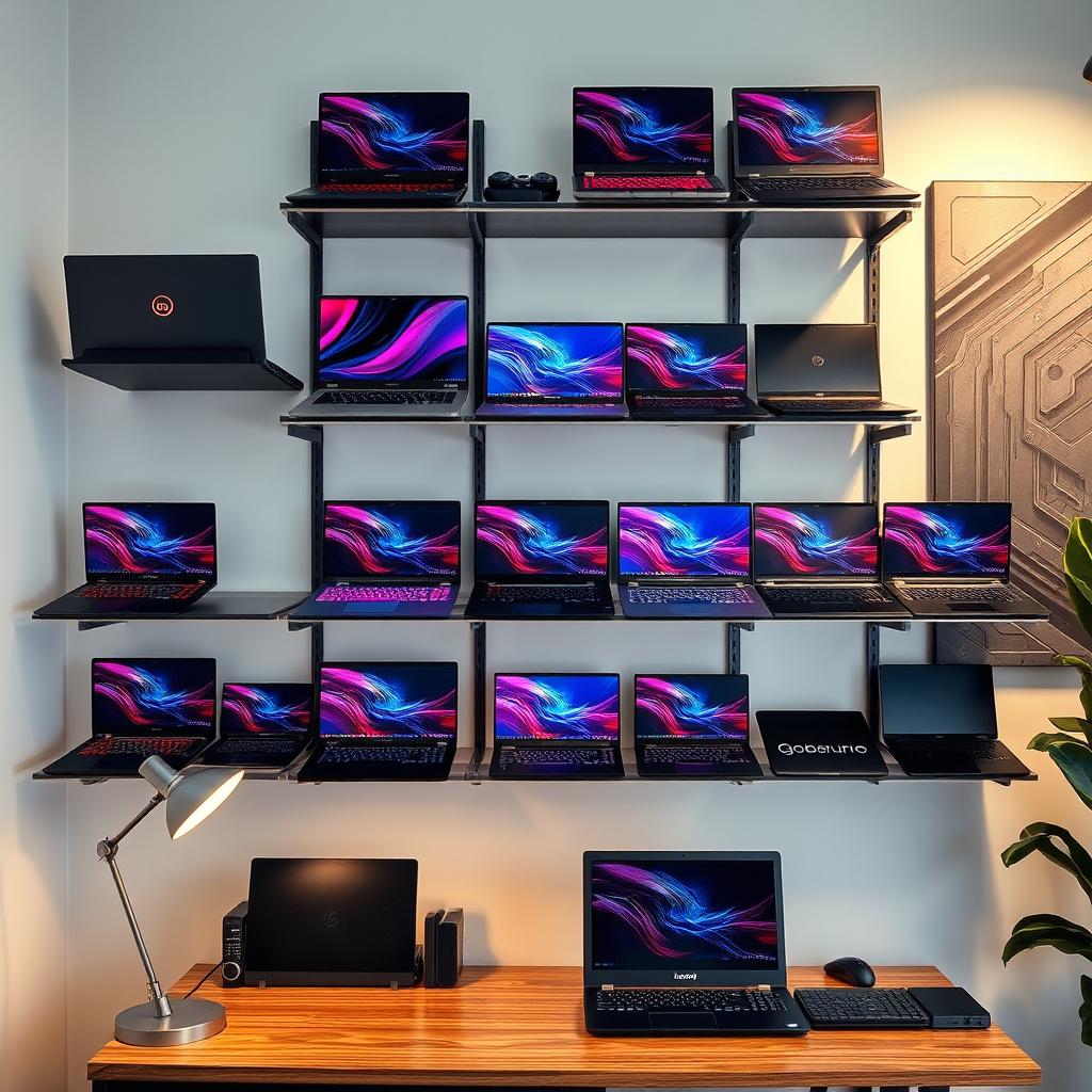 A modern office setting showcasing a wall rack filled with a variety of laptops