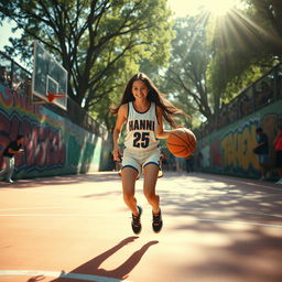 A vibrant basketball scene featuring Hanni from NewJeans, a stylish young woman with long dark hair, wearing a trendy basketball jersey and shorts