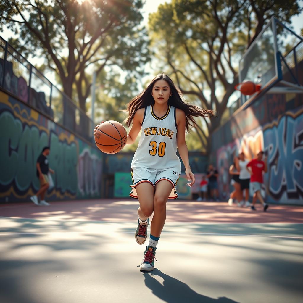 A vibrant basketball scene featuring Hanni from NewJeans, a stylish young woman with long dark hair, wearing a trendy basketball jersey and shorts