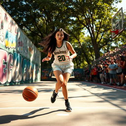 A vibrant basketball scene featuring Hanni from NewJeans, a stylish young woman with long dark hair, wearing a trendy basketball jersey and shorts
