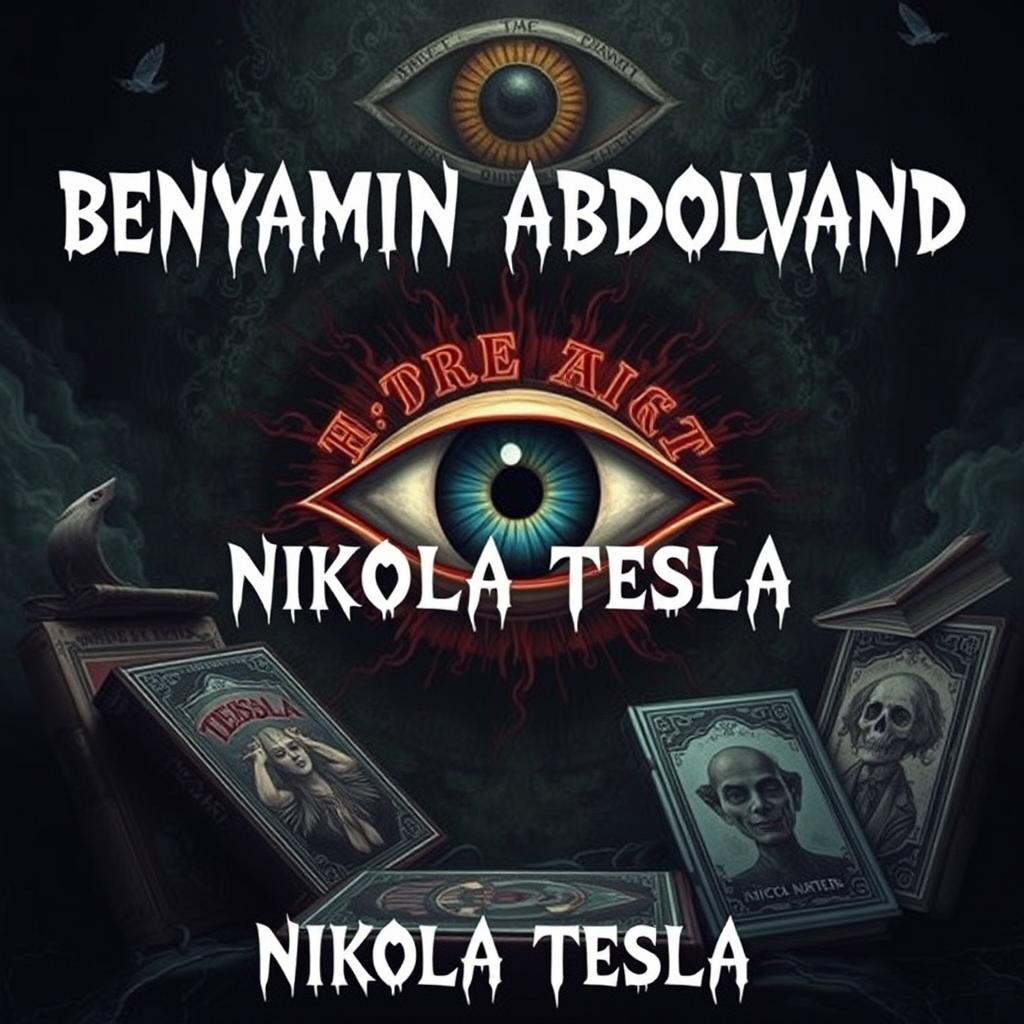 A surreal and enigmatic artwork featuring the name 'BENYAMIN ABDOLVAND' prominently displayed in a strange, unconventional font above the name 'NIKOLA TESLA'