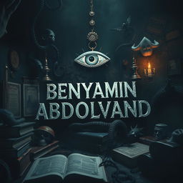 A surreal and eerie scene featuring a mystical third eye hovering above the name 'BENYAMIN ABDOLVAND', which is artistically integrated into the environment