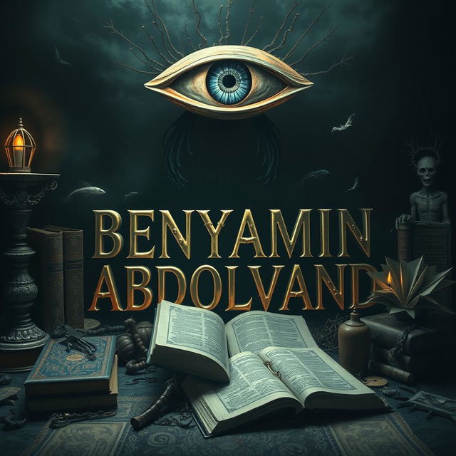 A surreal and eerie scene featuring a mystical third eye hovering above the name 'BENYAMIN ABDOLVAND', which is artistically integrated into the environment