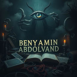 A surreal and eerie scene featuring a mystical third eye hovering above the name 'BENYAMIN ABDOLVAND', which is artistically integrated into the environment