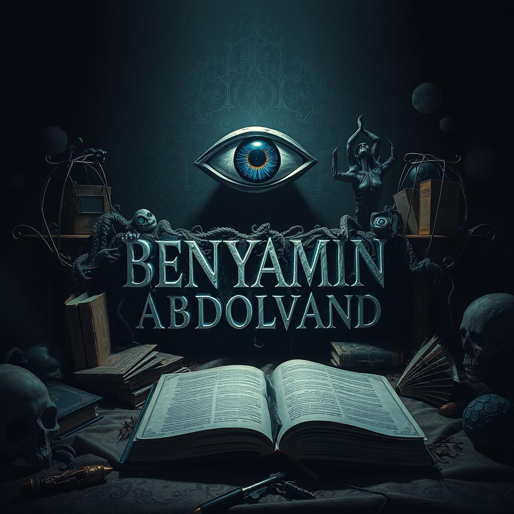 A surreal and eerie scene featuring a mystical third eye hovering above the name 'BENYAMIN ABDOLVAND', which is artistically integrated into the environment