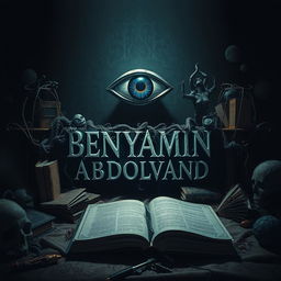 A surreal and eerie scene featuring a mystical third eye hovering above the name 'BENYAMIN ABDOLVAND', which is artistically integrated into the environment