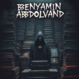 An eerie and surreal scene where the name 'BENYAMIN ABDOLVAND' appears in an odd, ominous font floating above a mystical figure with a third eye