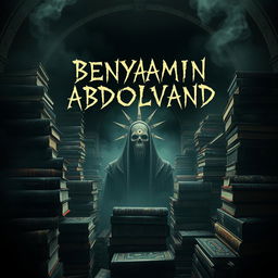 An eerie and surreal scene where the name 'BENYAMIN ABDOLVAND' appears in an odd, ominous font floating above a mystical figure with a third eye