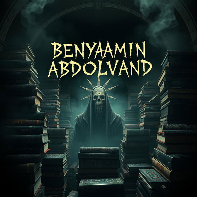 An eerie and surreal scene where the name 'BENYAMIN ABDOLVAND' appears in an odd, ominous font floating above a mystical figure with a third eye