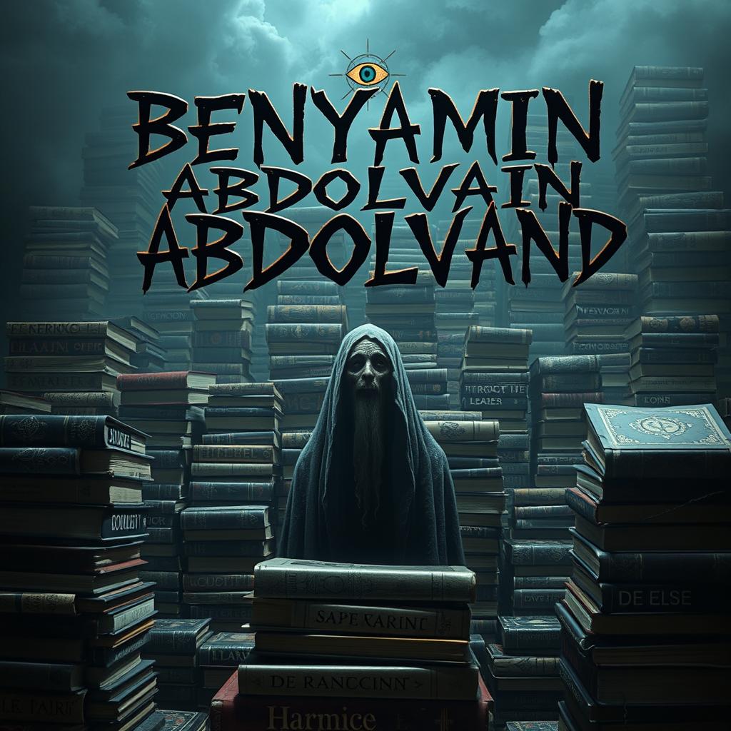 An eerie and surreal scene where the name 'BENYAMIN ABDOLVAND' appears in an odd, ominous font floating above a mystical figure with a third eye