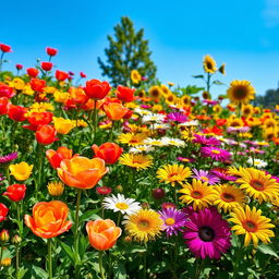 A vibrant garden filled with a variety of blooming flowers including roses, tulips, daisies, and sunflowers