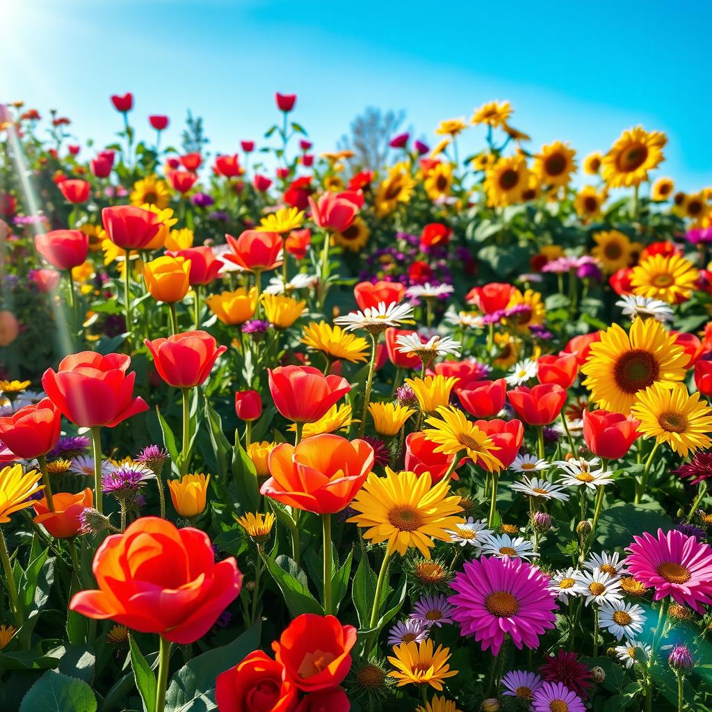A vibrant garden filled with a variety of blooming flowers including roses, tulips, daisies, and sunflowers