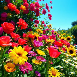 A vibrant garden filled with a variety of blooming flowers including roses, tulips, daisies, and sunflowers