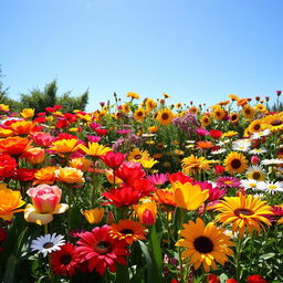 A vibrant garden filled with a variety of blooming flowers including roses, tulips, daisies, and sunflowers