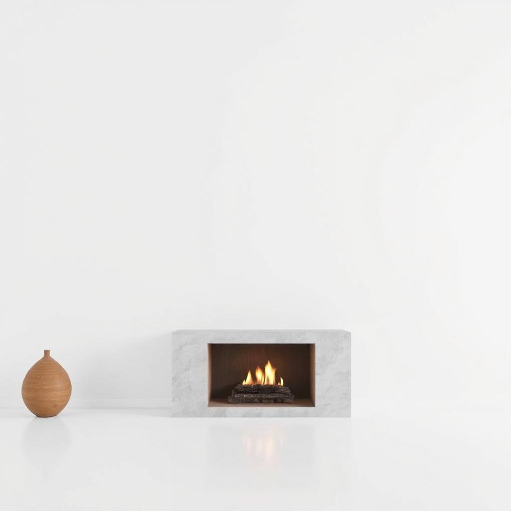 A minimalistic style fireplace featuring clean lines and a sleek design, set against a stark white background
