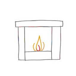 A minimalistic style drawing of a fireplace, designed like a child's artwork