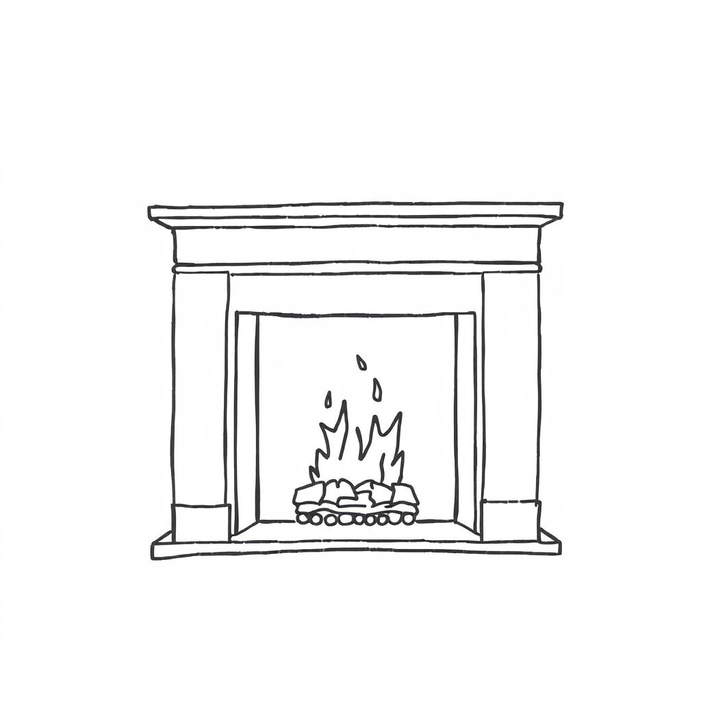 A minimalistic style drawing of a fireplace, elegantly designed with clean lines and simple shapes