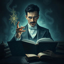 An eerie scene depicting BENYAMIN ABDOLVAND as a character inspired by Nikola Tesla, exhibiting supernatural powers in a mysterious and dark setting