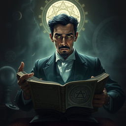 An eerie scene depicting BENYAMIN ABDOLVAND as a character inspired by Nikola Tesla, exhibiting supernatural powers in a mysterious and dark setting