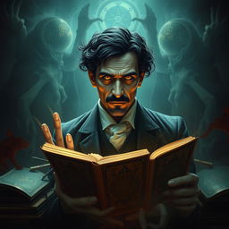 An eerie scene depicting BENYAMIN ABDOLVAND as a character inspired by Nikola Tesla, exhibiting supernatural powers in a mysterious and dark setting