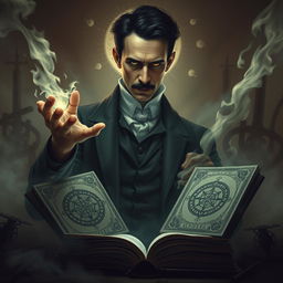 An eerie scene depicting BENYAMIN ABDOLVAND as a character inspired by Nikola Tesla, exhibiting supernatural powers in a mysterious and dark setting
