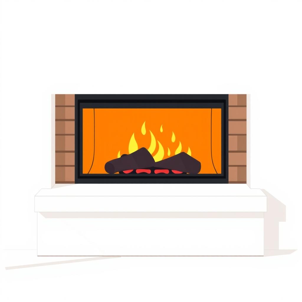 A minimalistic style fireplace illustrated with colorful accents, set against a crisp white background