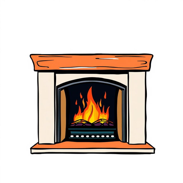 A minimalistic style fireplace illustrated with colorful accents, set against a crisp white background
