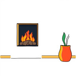A minimalistic style fireplace illustrated with colorful accents, set against a crisp white background
