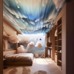 Create a large room with a cloud-painted ceiling. Feature a bed hanging in the middle of one wall, nearby a massive mirror and extensive wardrobe full of compartments. The floor is soft mat, with a wall waterfall facing the bed. One wall is left empty with a gradient of light to dark shades. Include a large study table and wall shelves.