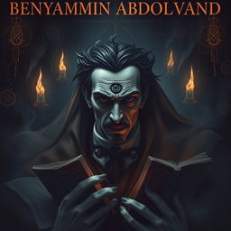 An unsettling and captivating image featuring the name BENYAMIN ABDOLVAND prominently displayed at the top, inspired by Nikola Tesla