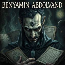 An unsettling and captivating image featuring the name BENYAMIN ABDOLVAND prominently displayed at the top, inspired by Nikola Tesla