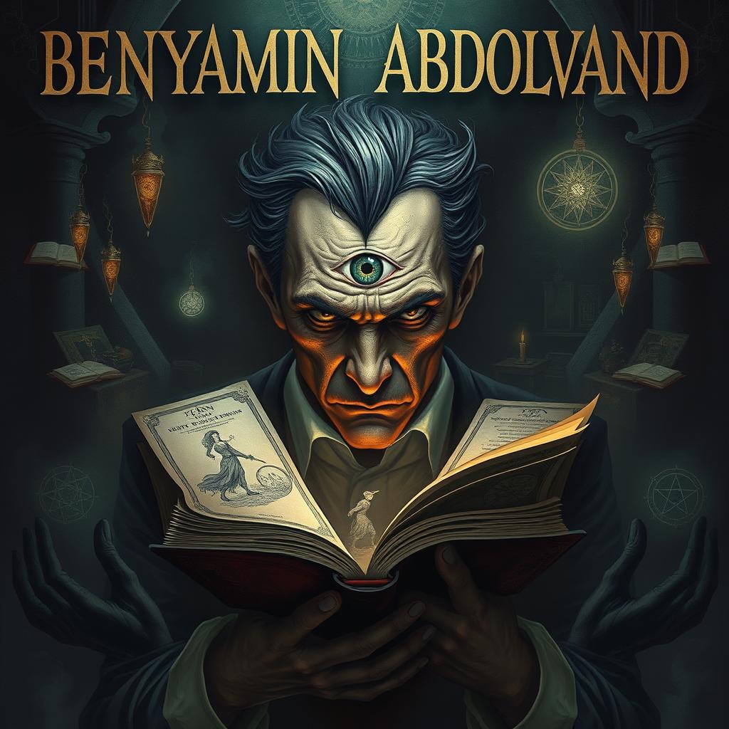 An unsettling and captivating image featuring the name BENYAMIN ABDOLVAND prominently displayed at the top, inspired by Nikola Tesla