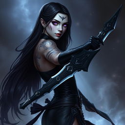 An enchanting female Shadar-Kai Hex Blade character, poised for battle