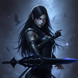 An enchanting female Shadar-Kai Hex Blade character, poised for battle