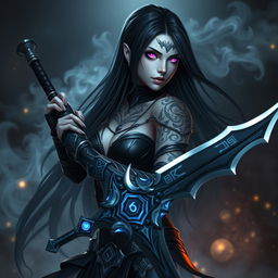 An enchanting female Shadar-Kai Hex Blade character, poised for battle