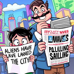 A vibrant and colorful cartoon scene depicting two people: one with wide eyes and an open mouth in shock reading a headline that says, 'Aliens Have Landed in the City!' and another reading a similar sensational headline about a political scandal