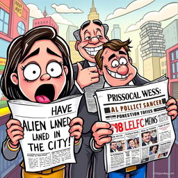 A vibrant and colorful cartoon scene depicting two people: one with wide eyes and an open mouth in shock reading a headline that says, 'Aliens Have Landed in the City!' and another reading a similar sensational headline about a political scandal