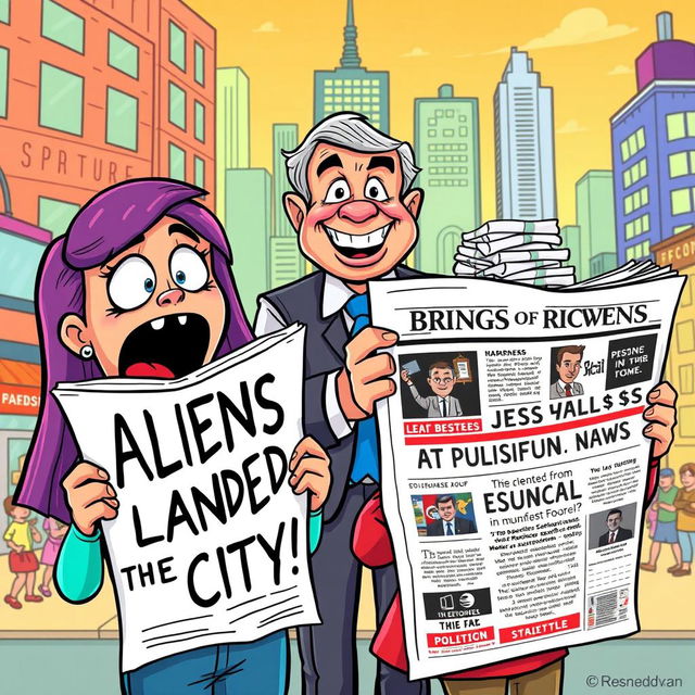 A vibrant and colorful cartoon scene depicting two people: one with wide eyes and an open mouth in shock reading a headline that says, 'Aliens Have Landed in the City!' and another reading a similar sensational headline about a political scandal