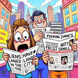 A vibrant and colorful cartoon scene depicting two people: one with wide eyes and an open mouth in shock reading a headline that says, 'Aliens Have Landed in the City!' and another reading a similar sensational headline about a political scandal