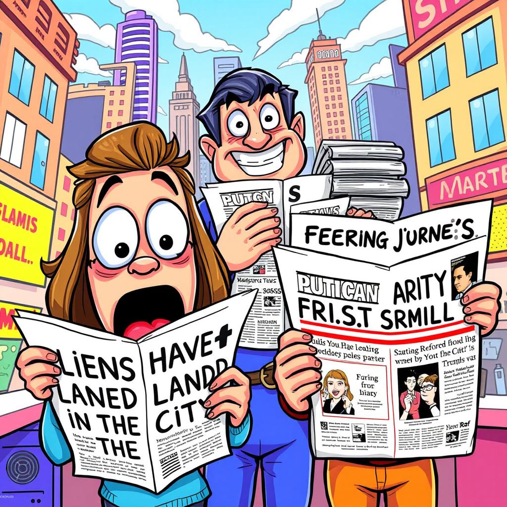 A vibrant and colorful cartoon scene depicting two people: one with wide eyes and an open mouth in shock reading a headline that says, 'Aliens Have Landed in the City!' and another reading a similar sensational headline about a political scandal