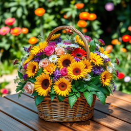 A vibrant and colorful arrangement of various flowers, including roses, sunflowers, and daisies, beautifully collected in a woven basket sitting on a wooden table