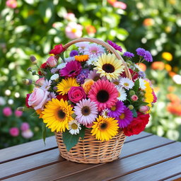 A vibrant and colorful arrangement of various flowers, including roses, sunflowers, and daisies, beautifully collected in a woven basket sitting on a wooden table