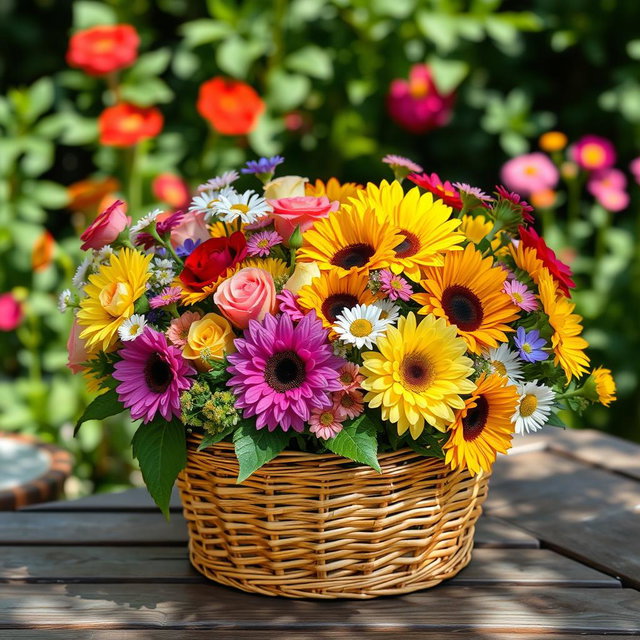 A vibrant and colorful arrangement of various flowers, including roses, sunflowers, and daisies, beautifully collected in a woven basket sitting on a wooden table
