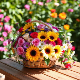 A vibrant and colorful arrangement of various flowers, including roses, sunflowers, and daisies, beautifully collected in a woven basket sitting on a wooden table