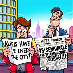 A colorful and engaging cartoon scene featuring two characters: one person with an astonished expression reading a headline that states, 'Aliens Have Landed in the City!' and another individual glancing at a sensational headline about a significant political scandal, showing intrigue